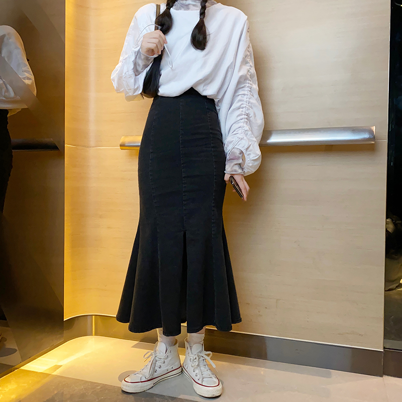 Denim Skirt Female Niche Design High Waist A-line Skirt Ruffled Mid-length Package Hip Fishtail Skirt
