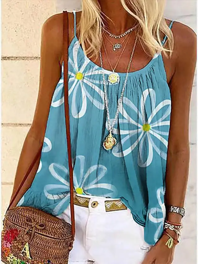 Summer Women's Print Sweet Sling Lotus Leaf Blouse Blue - Shop at LoveMi
