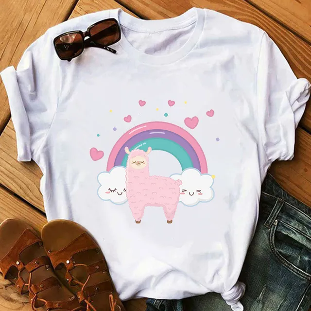 Cartoon Alpaca Hand painted Letter Printing Short Sleeve 4Style - Shop at LoveMi