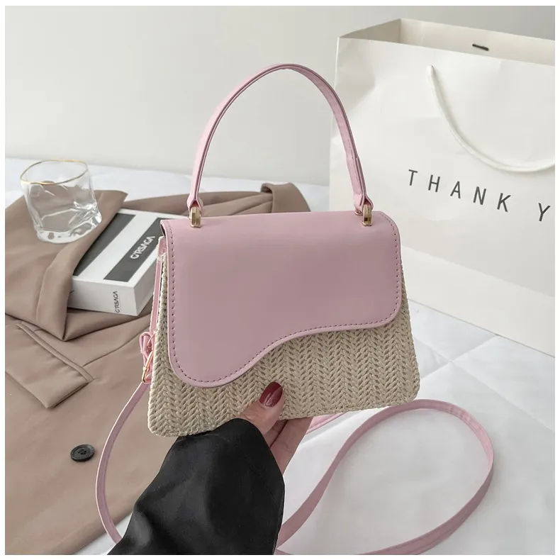 One-shoulder Shell Straw Woven Simple Bag - Pink