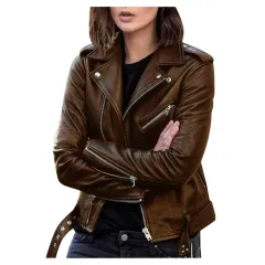 Zip leather jacket - Brown - View 1