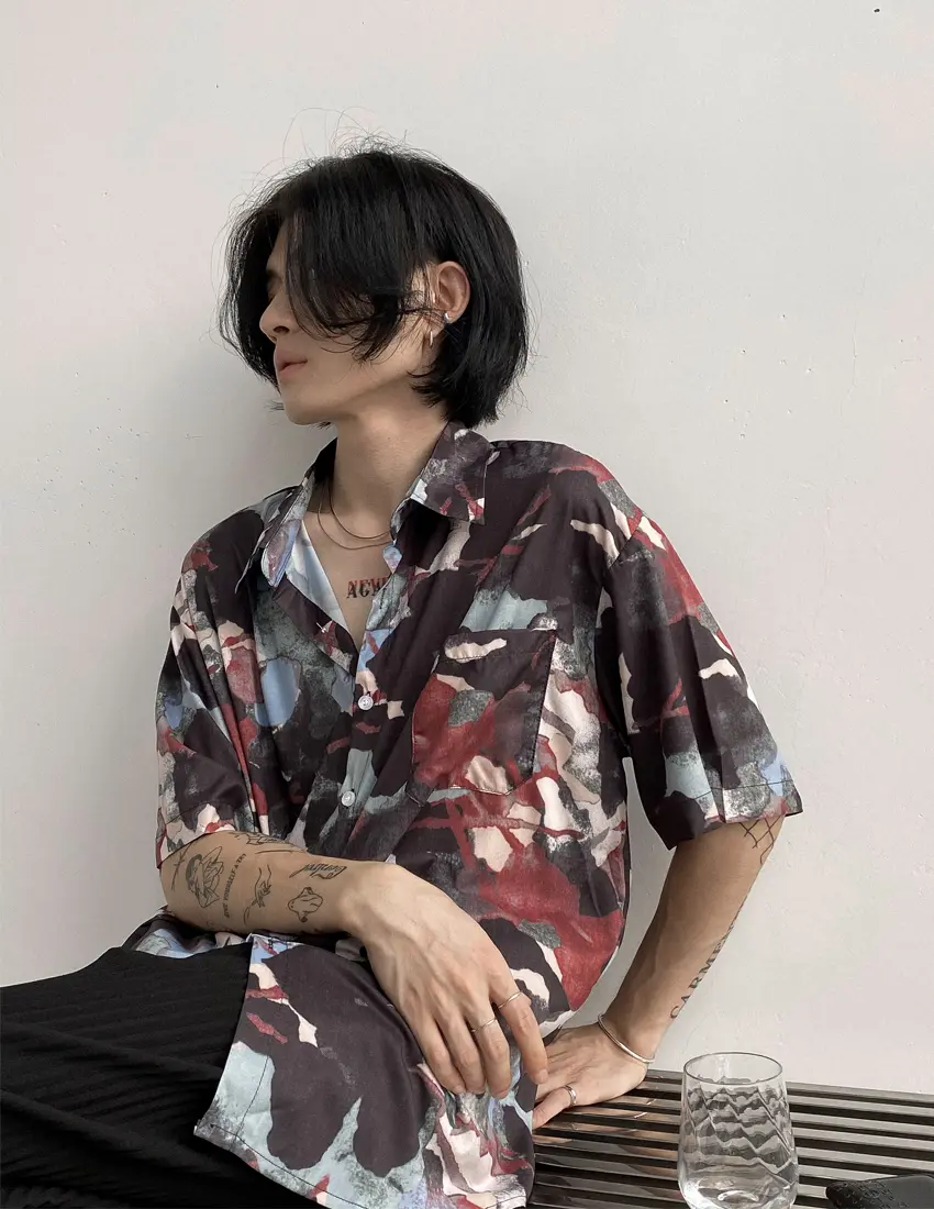 Public Oil Painting Pattern Summer Short-sleeved Flower Shirt Men