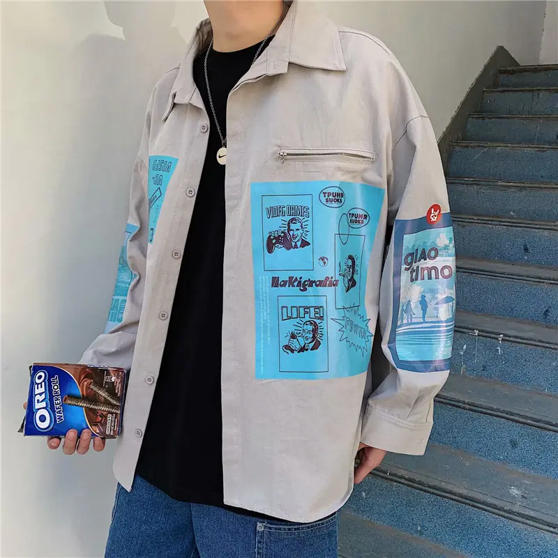 Contrasting Color Print Hip-Hop Jacket Student Handsome