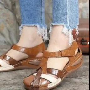 Round Toe Wedge Heel Hollow Large Sandals Brown - Shop at LoveMi