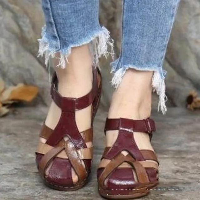 Round Toe Wedge Heel Hollow Large Sandals Red - Shop at LoveMi