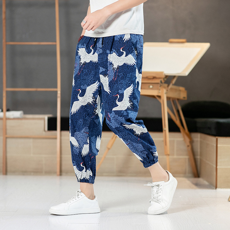 Summer New Pants Men's Crane Printing Plus Size Casual Pants