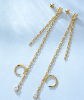 18K Gold Plated Brass Chain Zircon Stud Earrings Asymmetric Moon Earrings