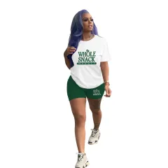 Women's Fashion Casual Solid Color Pattern Printing Short Sleeve Shorts Two-piece Suit - Green - View 1
