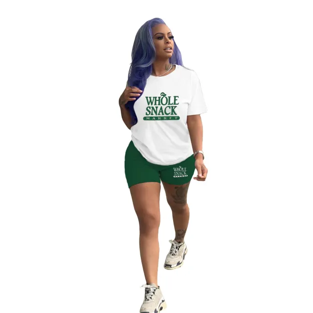 Women's Fashion Casual Solid Color Pattern Printing Short Sleeve Shorts Two piece Suit Green - Shop at LoveMi