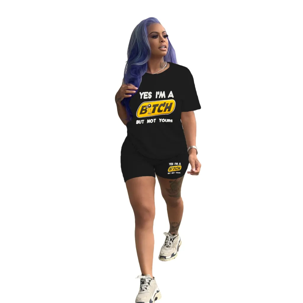 Women's Fashion Casual Solid Color Pattern Printing Short Sleeve Shorts Two-piece Suit - Yellow