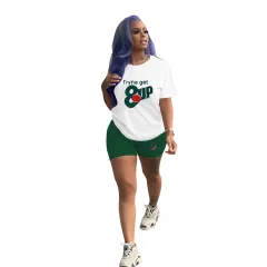 Women's Fashion Casual Solid Color Pattern Printing Short Sleeve Shorts Two-piece Suit - White And Green - View 1