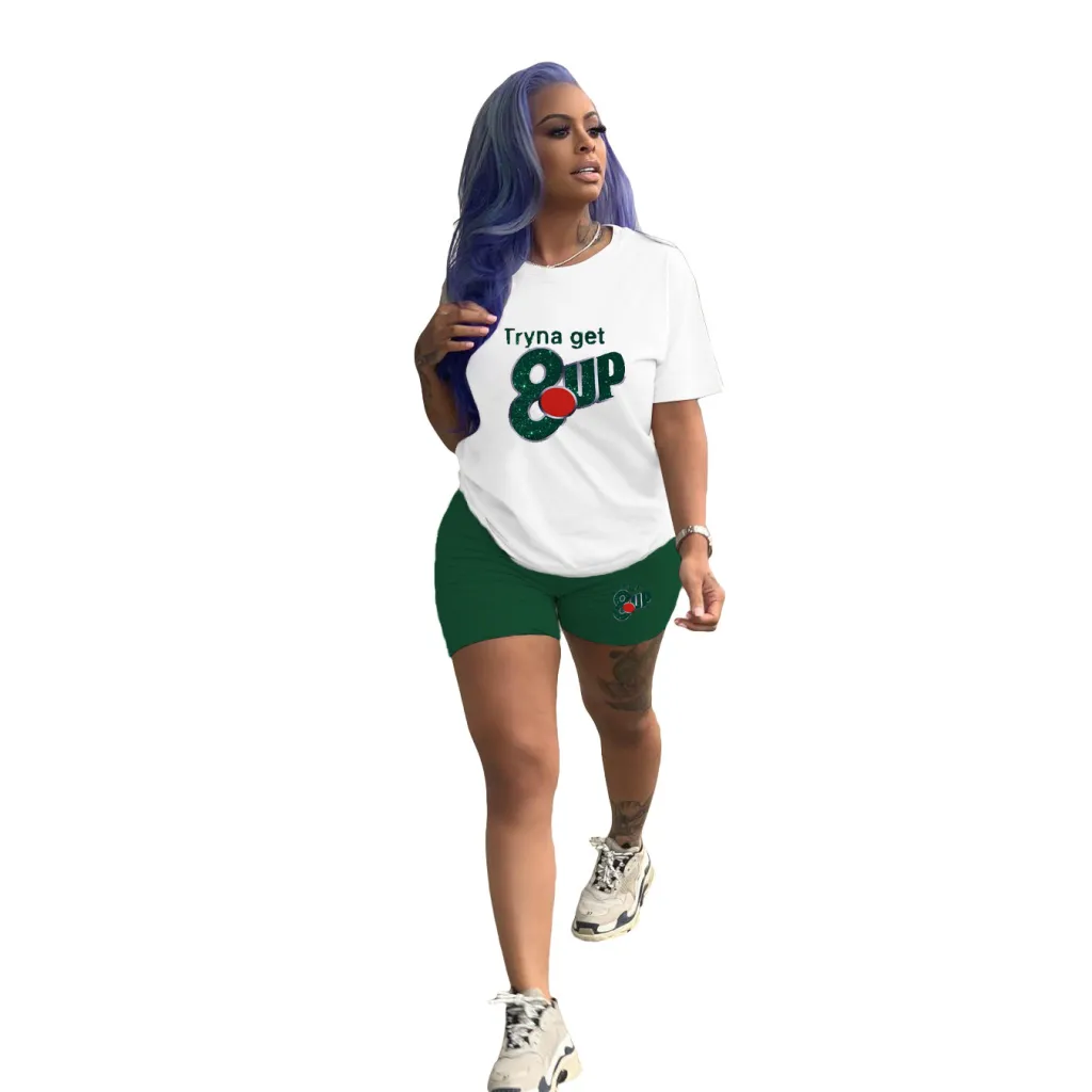 Women's Fashion Casual Solid Color Pattern Printing Short Sleeve Shorts Two-piece Suit - White And Green