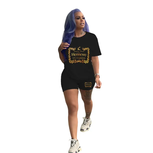 Women's Fashion Casual Solid Color Pattern Printing Short Sleeve Shorts Two piece Suit Black Gold - Shop at LoveMi