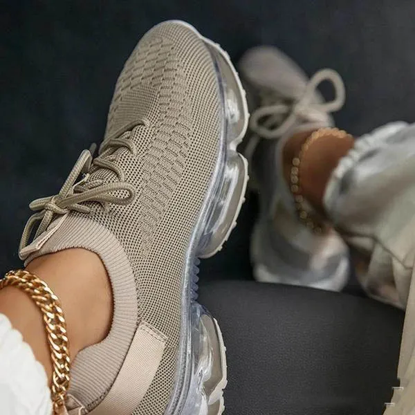 Transparent Platform Solid Color Lace up Flying Knit Sneakers Beige - Shop at LoveMi