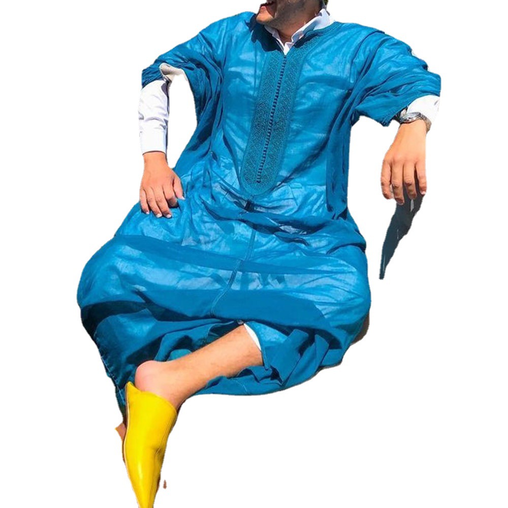 قميص صيفي شبابي من القطن الأزرق بتصميم طباعة ونقشة عرقية وياقة واقفة