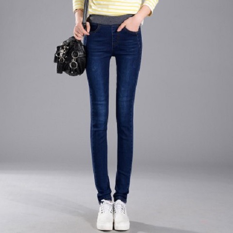 Women's elastic waist jeans high waist slim fit Navy - Shop at LoveMi