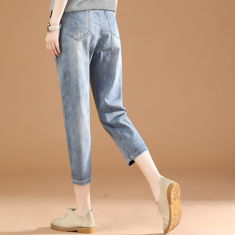 Title 6, Damen Cropped Jeans mit elastischem Bund Sticke...