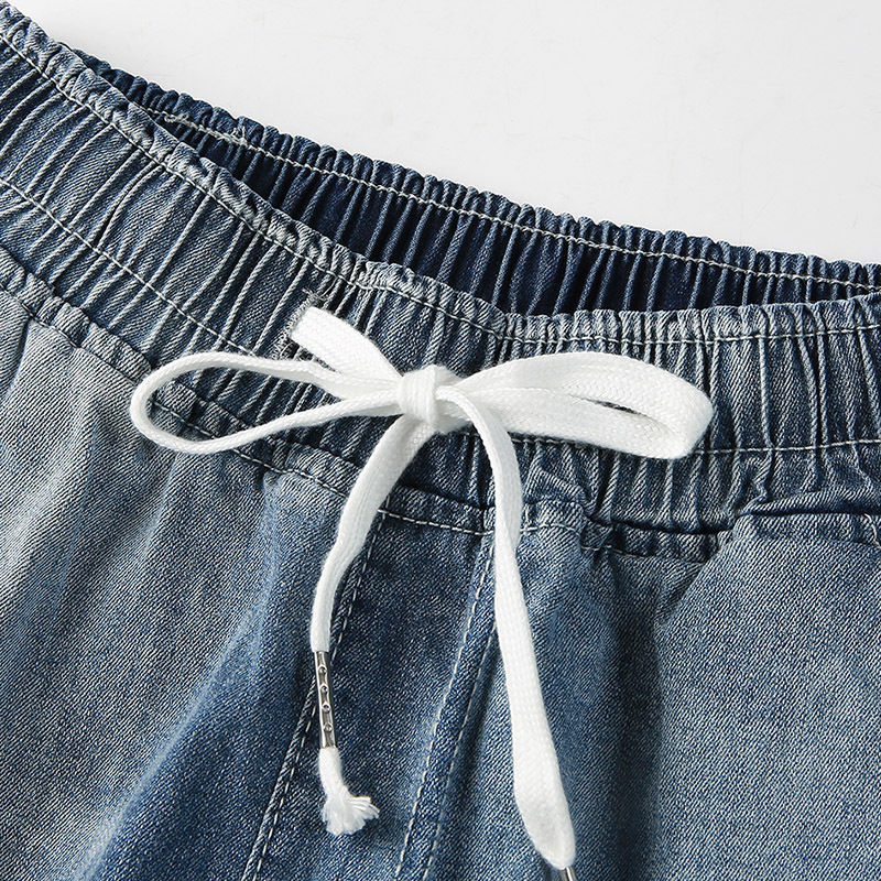 Elastic Waist Embroidery Cropped Jeans Women Summer Thin Section