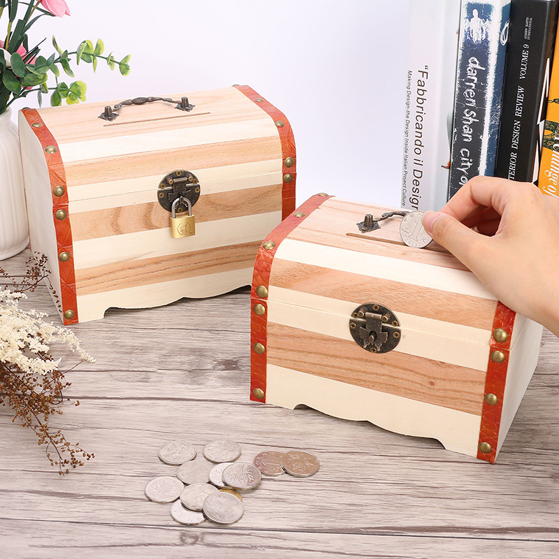 Wooden Treasure Box Piggy Bank With Lock Safety Storage Box Home