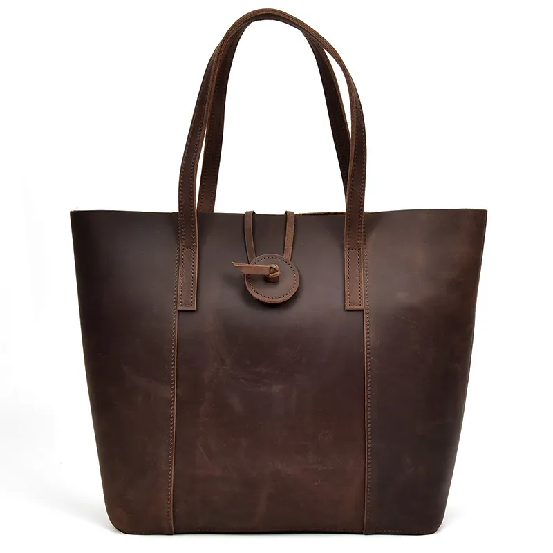 Women Genuine Leather Handbag Crazy Horse Leather Clutch Tote Bags Designer Simple Retro Big Shopping Bag - Brown