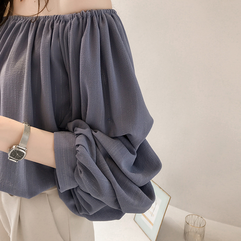 Spring New One Line Neck Strapless Chiffon Shirt Women Loose Bubble Blouse