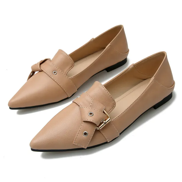 Women'S Fashion Belt Buckle Pointed Flat Loafers Apricot - Shop at LoveMi