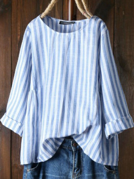 Striped Long Sleeve Bottom Collar Loose Shirt