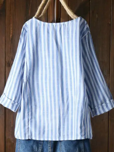 Striped Long Sleeve Bottom Collar Loose Shirt