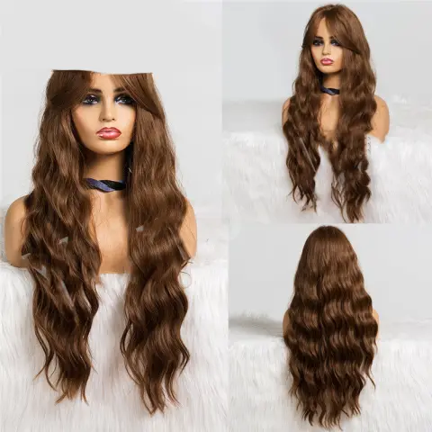 Long Wavy Brown Wig with Bangs Cosplay Party Hair