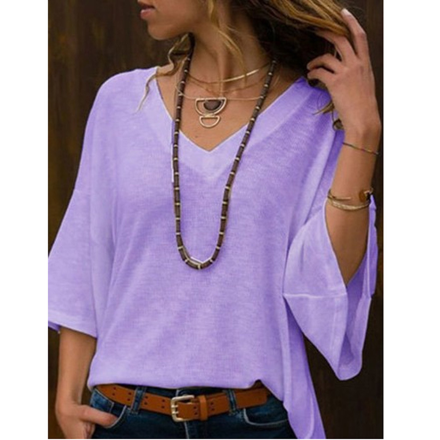 Mid Sleeve T Shirt Women's V Neck Solid Color Stitching Loose Fashion Top