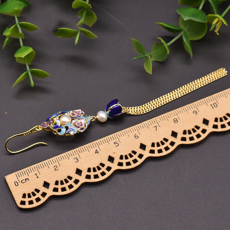 Natural Freshwater Pearl Earrings Long Vintage Cloisonne Earrings Female European And American Niche