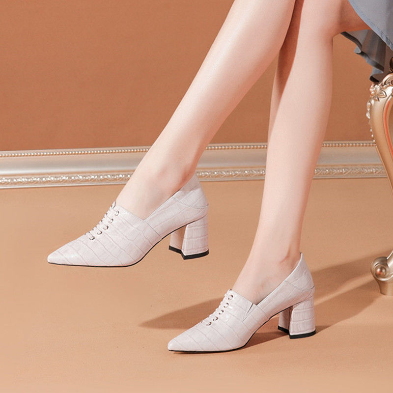 Ladies Pointed Toe Comfortable Mid Heel One Legged Small Leather Shoes Beige - Shop at LoveMi