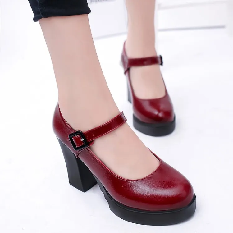 Thick Heel Waterproof Platform High Heels - Red