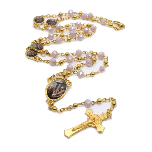 QIGO Crystal Rosary Necklace For Women Long Gold Cross Pendant Religious Jewelry Pink - Shop at LoveMi