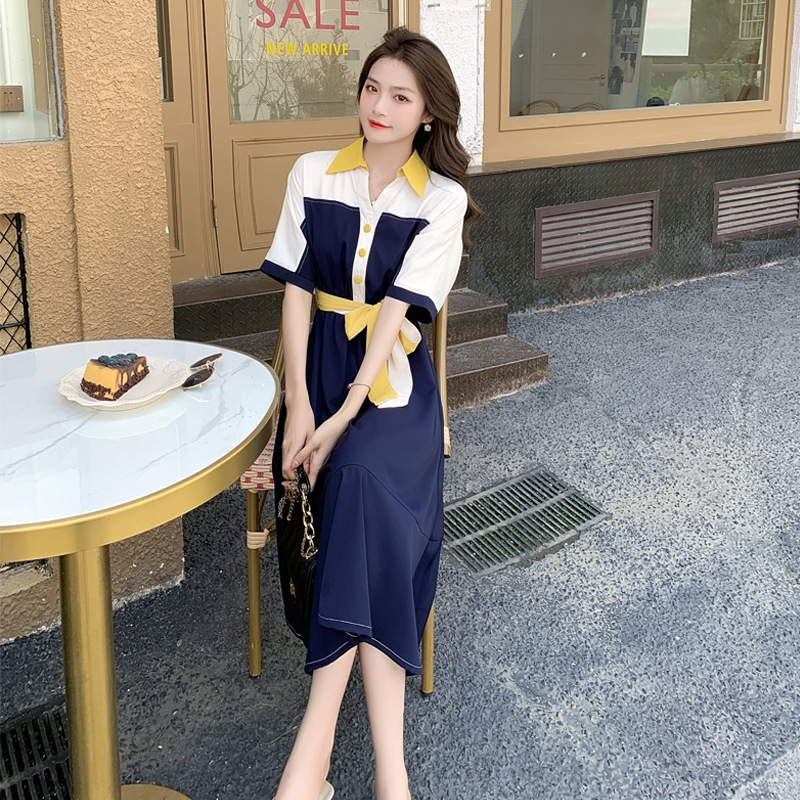 French Retro Patching Collision Color Dress