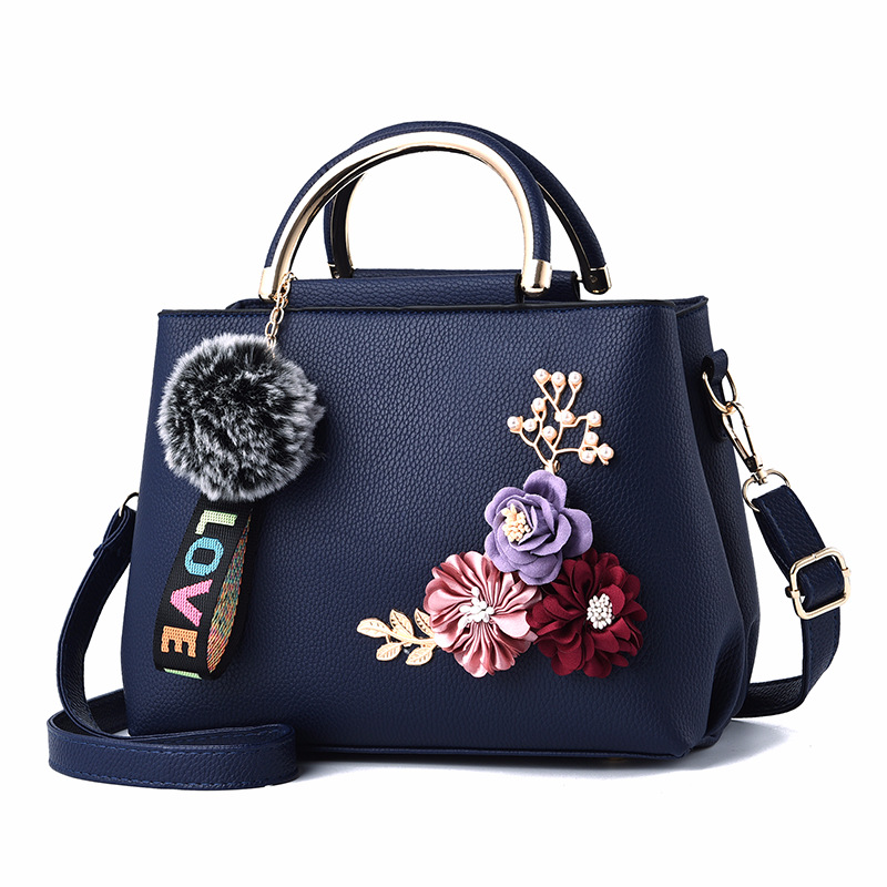 Pure Color Fashion Three-dimensional Embroidered Flowers Iron Handle Portable Pu Female Bag Korean Trend