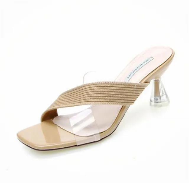 Summer New Open toe Color Matching Non slip Thick Heel Outer Wear A Flip flop Korean Knit Stitching High Heels Beige - Shop at LoveMi