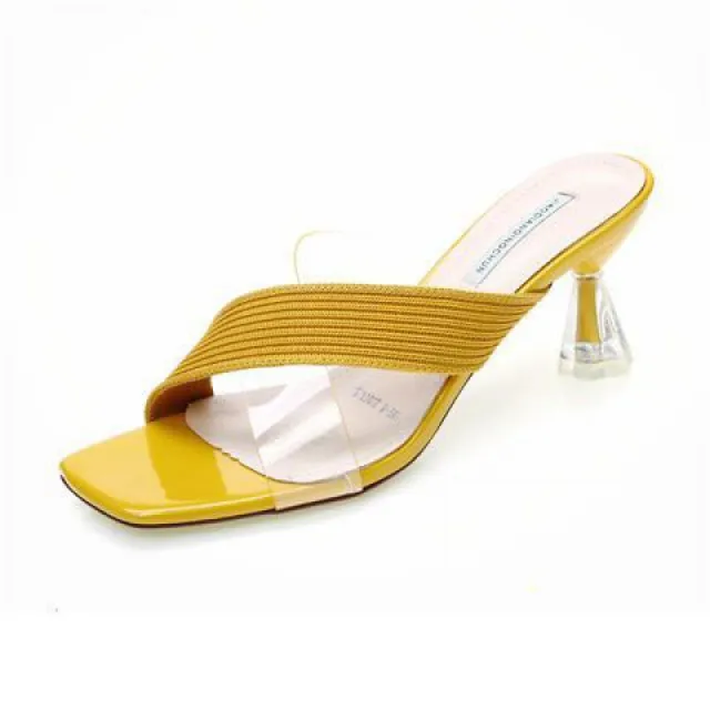 Summer New Open toe Color Matching Non slip Thick Heel Outer Wear A Flip flop Korean Knit Stitching High Heels Yellow - Shop at LoveMi