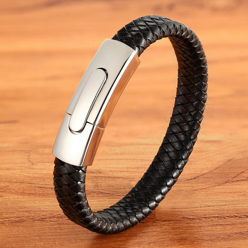 Personalized Stainless Steel Leather Bracelet, Customizable Size, Black Plus Gold Magnet Snap Buckle Braided Bracelet