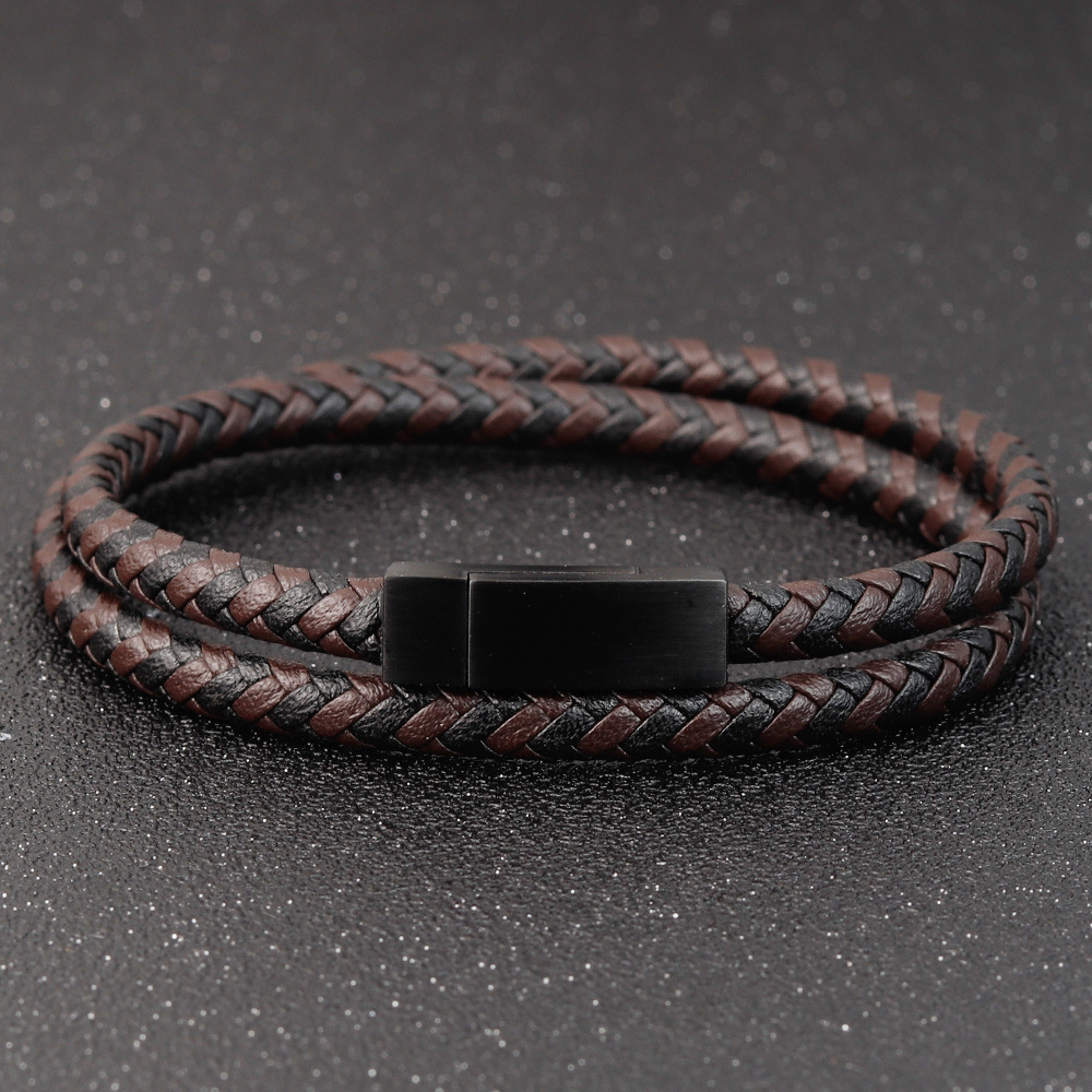 Titanium Steel Magnetic Buckle Leather Braided Four Ring Bracelet