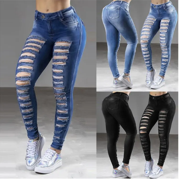 Jeans Street Cotton Denim Dark High Waist Blue Trousers