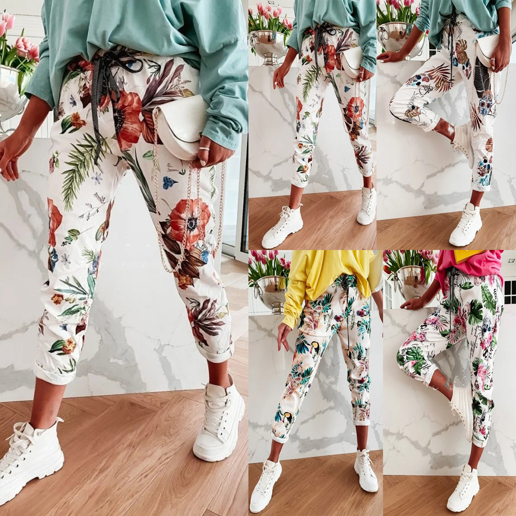 New Floral Print Casual Comfortable Fashion Lace Up Trousers
