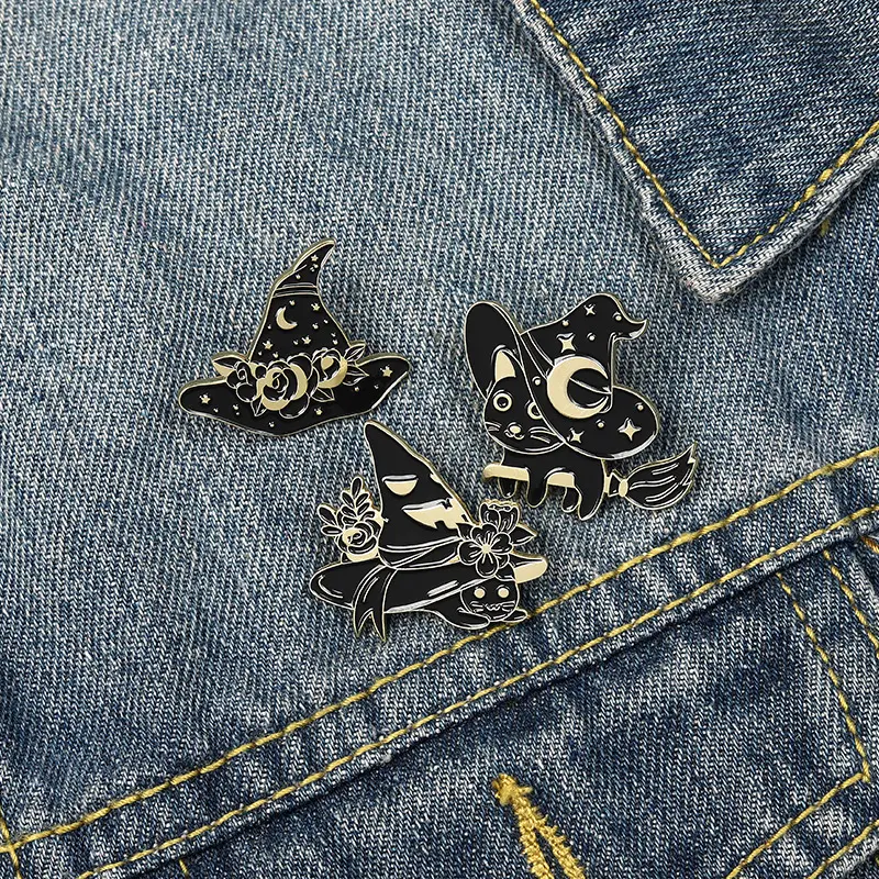 Punk Black Magic Cat Brooch Halloween Wizard Hat Spot