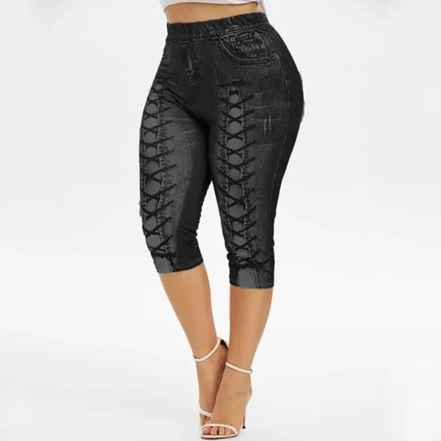 Spot Hot Digital Printing Denim Sports Pocket Leggings Yoga Pants Plus Size Black - Shop at LoveMi