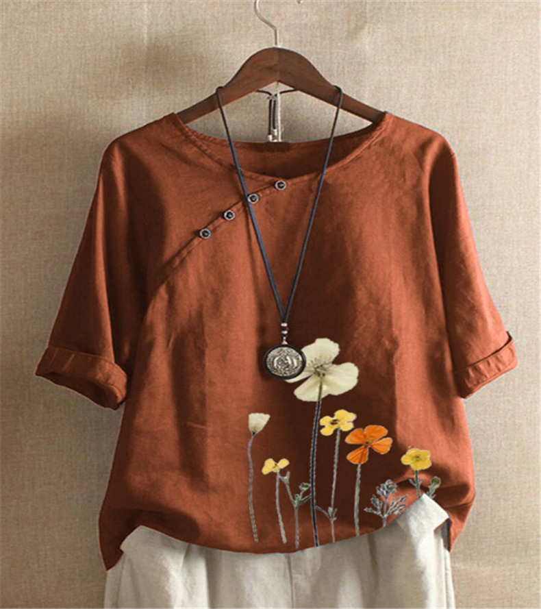 Printed Short Sleeved Cotton And Linen T Shirt Ladies Pullover Shirt