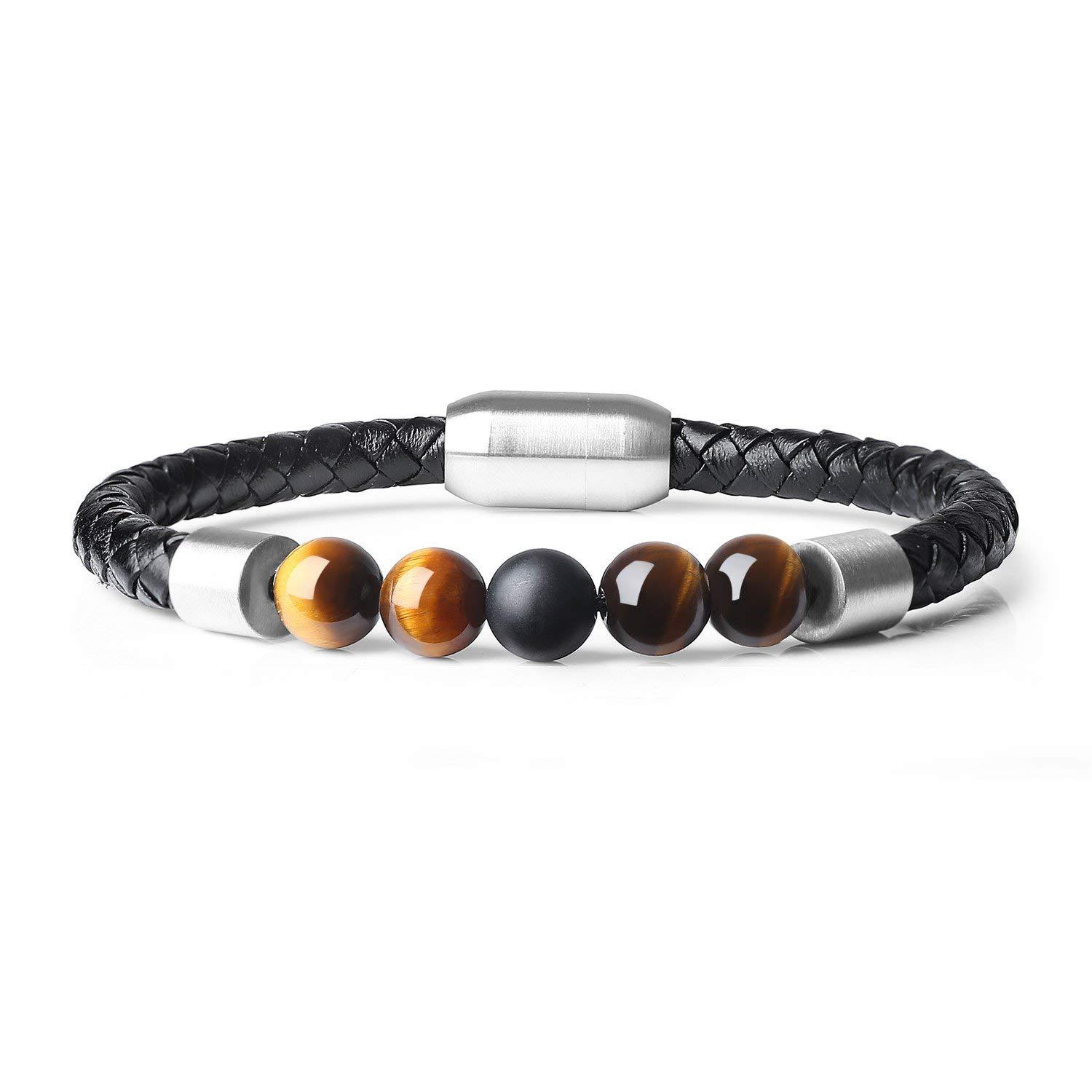 Classic High Quality Genuine Stainless Steel Leather Men's Bracelet, Natural Stone Hand-woven Bracelet