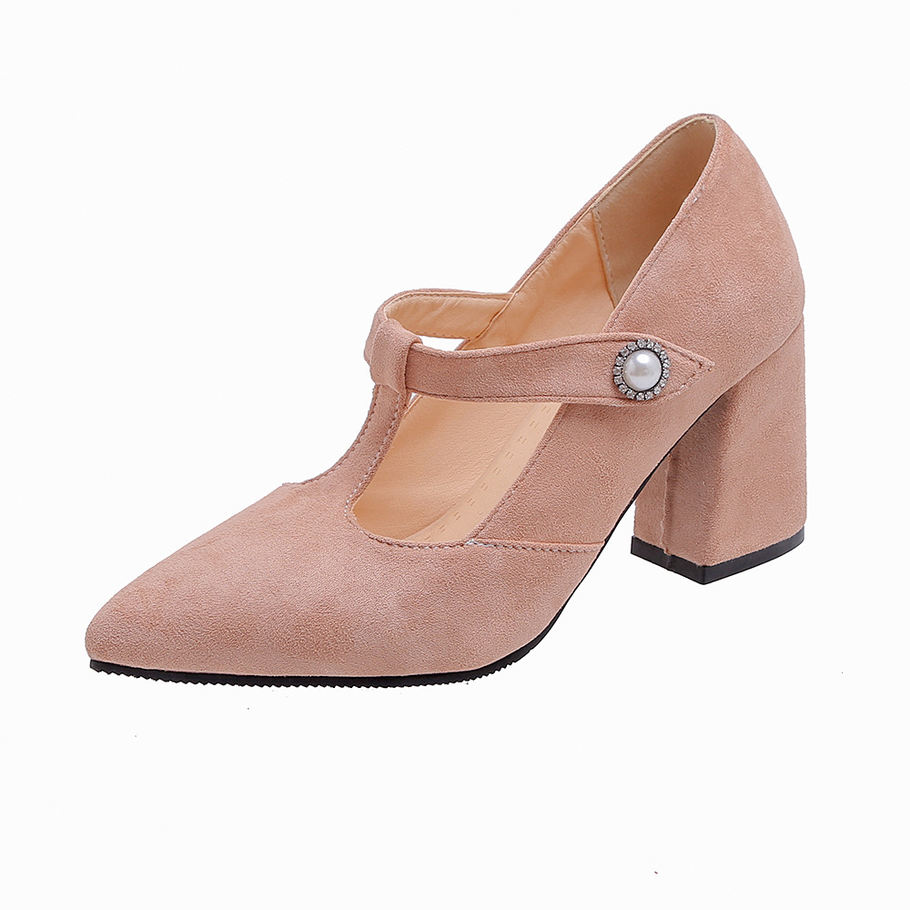Thick Heeled High Heeled Pointed Toe Shallow T Shaped Women's Single Shoes Pink - Shop at LoveMi