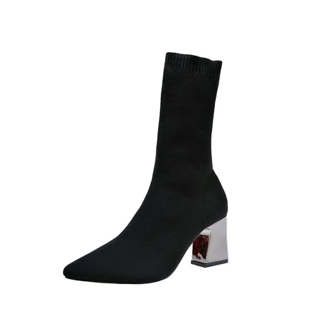 New Thick heeled Elastic Stockings Short Boots Plus Size Knitted Woolen Boots Black - Shop at LoveMi