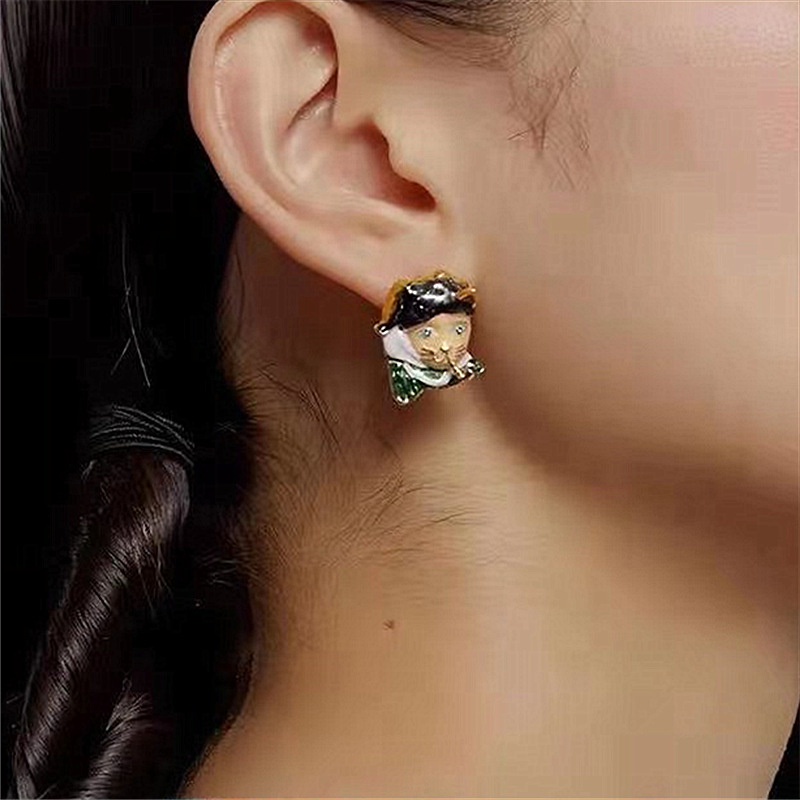 S925 Silver Needle Artistic Earrings Dripping Oil Famous Paintings Creative Cat Earrings