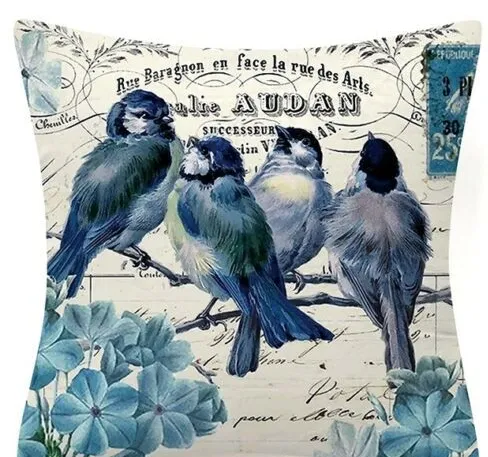 Blue Flower And Bird Pastoral Series Fabric Sofa Nap Car Cushion Pillow Cushion Pillow Case N - Shop at LoveMi